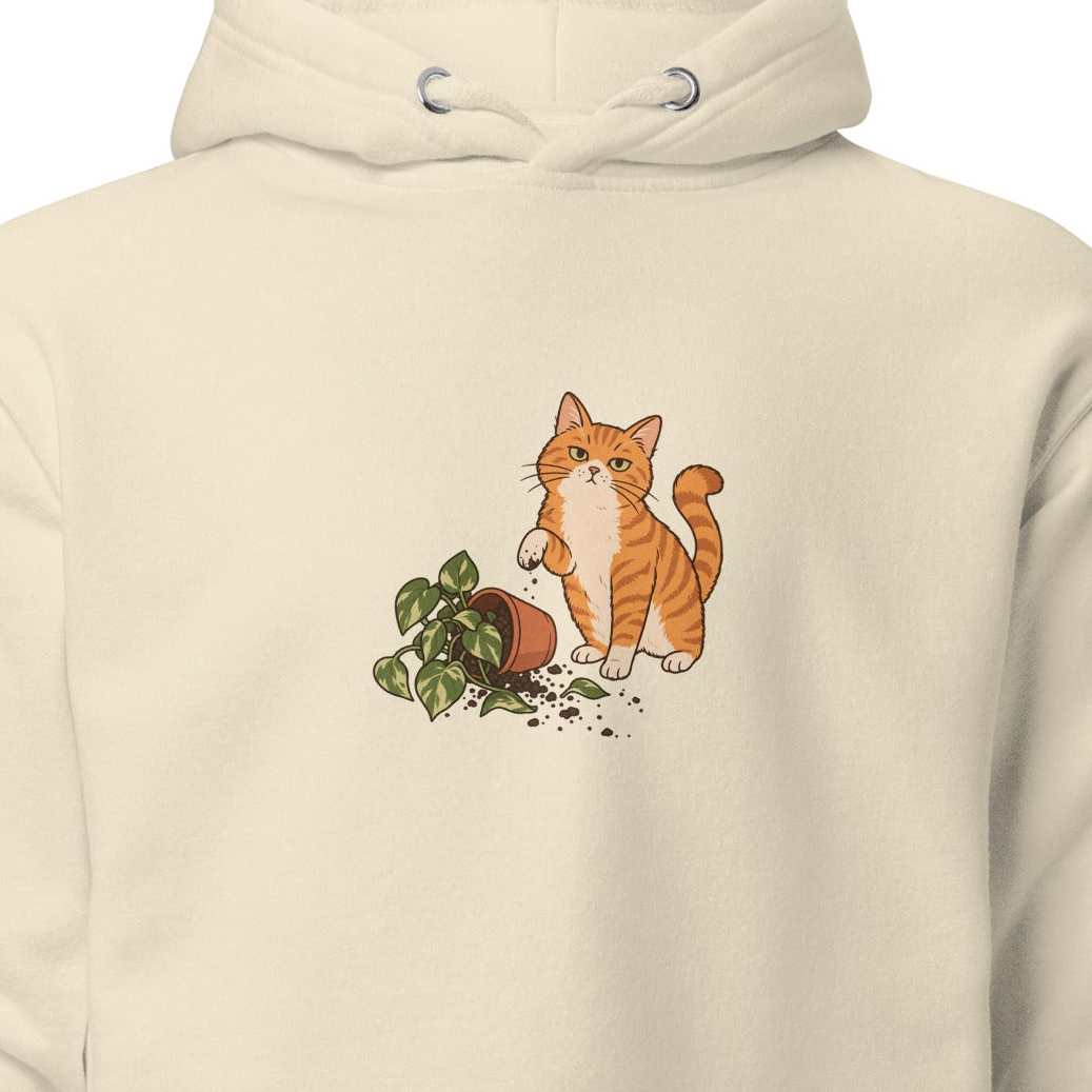Close-up of the original Orange Tabby Cat & Plant Unisex Hoodie front; artwork and garment proportions unchanged. See following photos for full garment and fit.