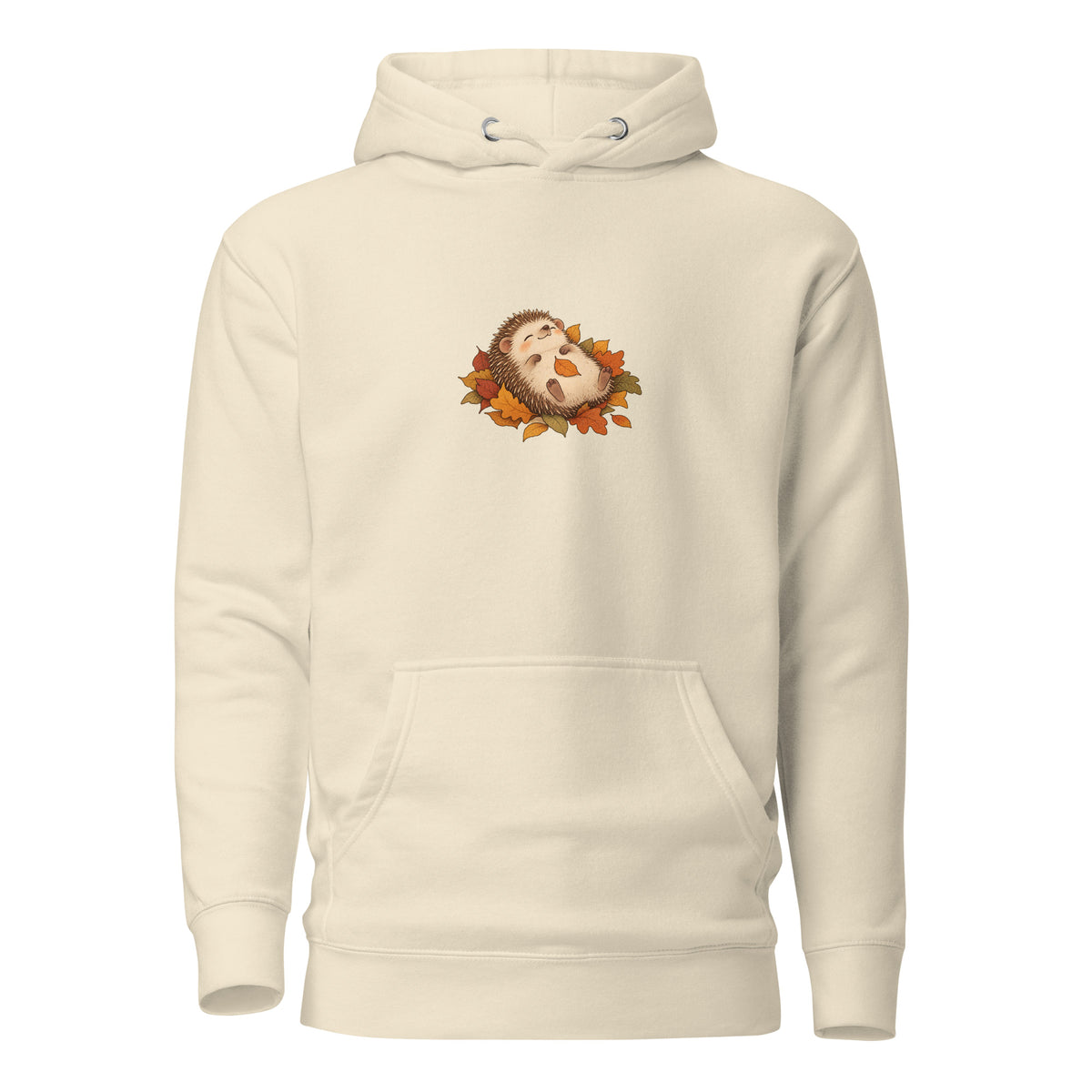 Front view of the hedgehog & autumn leaves unisex hoodie in bone