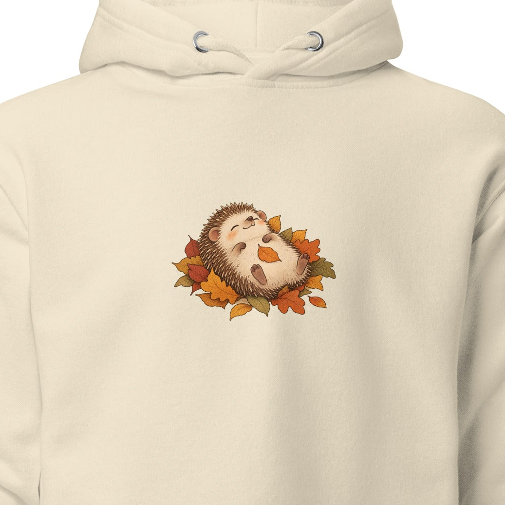 Close-up of the original Hedgehog & Autumn Leaves Unisex Hoodie front; artwork and garment proportions unchanged. See following photos for full garment and fit.