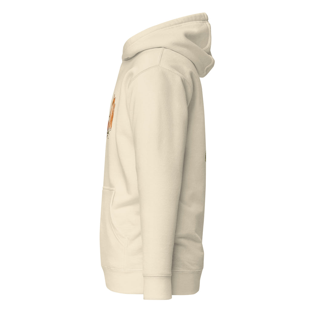 Left-side view of the orange tabby cat & plant unisex hoodie in bone
