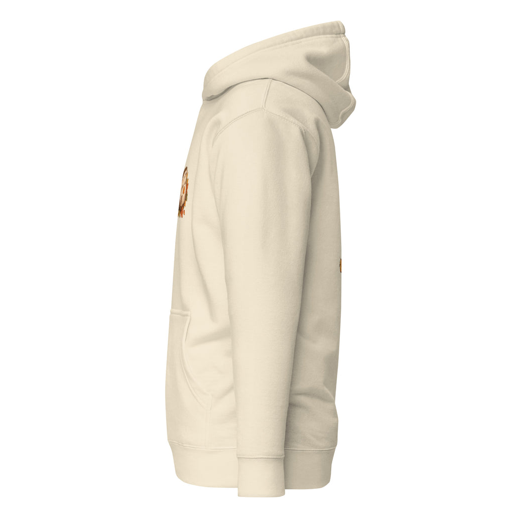 Left-side view of the hedgehog & autumn leaves unisex hoodie in bone