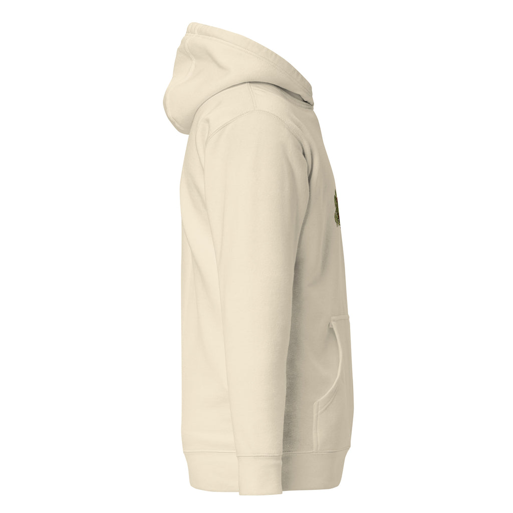 Right-side view of the orange tabby cat & plant unisex hoodie in bone