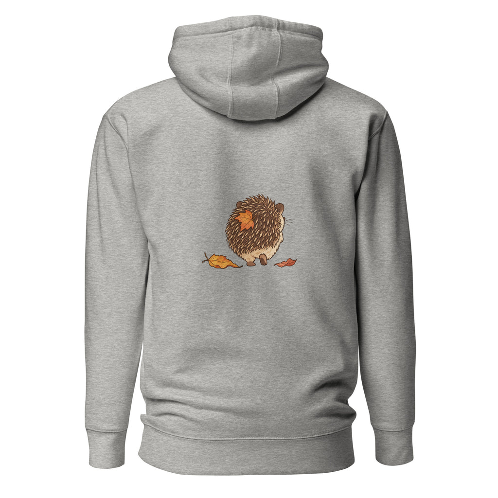 Back view of the hedgehog & autumn leaves unisex hoodie in carbon grey