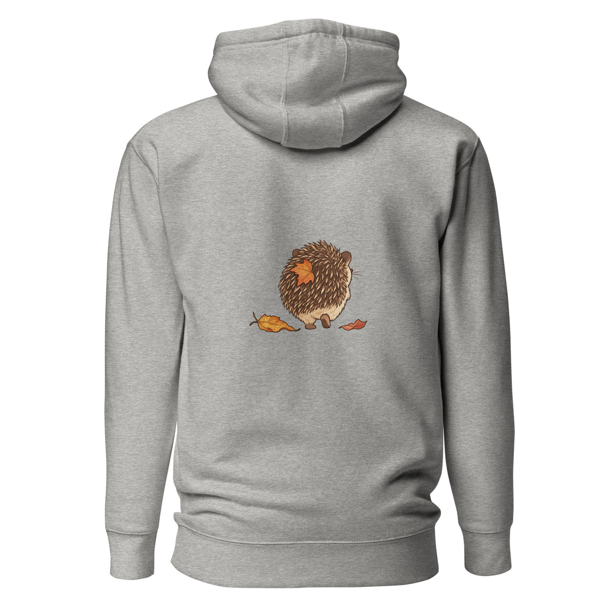 Back view of the hedgehog & autumn leaves unisex hoodie in carbon grey
