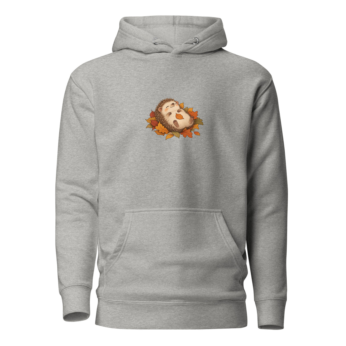 Front view of the hedgehog & autumn leaves unisex hoodie in carbon grey
