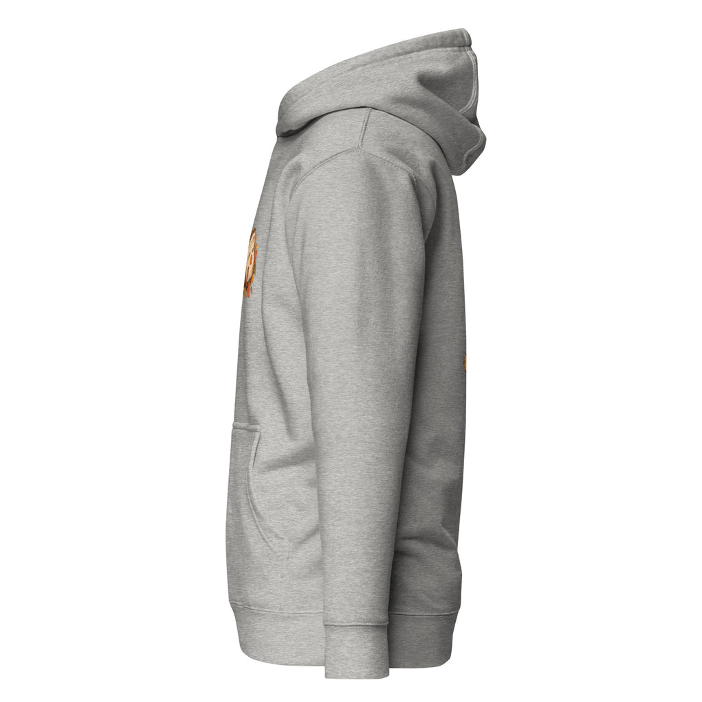 Left-side view of the hedgehog & autumn leaves unisex hoodie in carbon grey