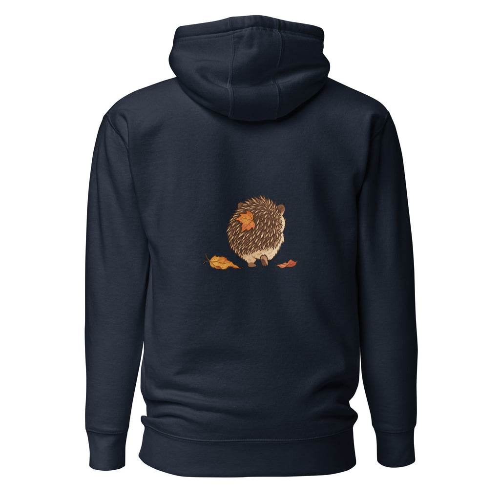 Back view of the hedgehog & autumn leaves unisex hoodie in navy blazer