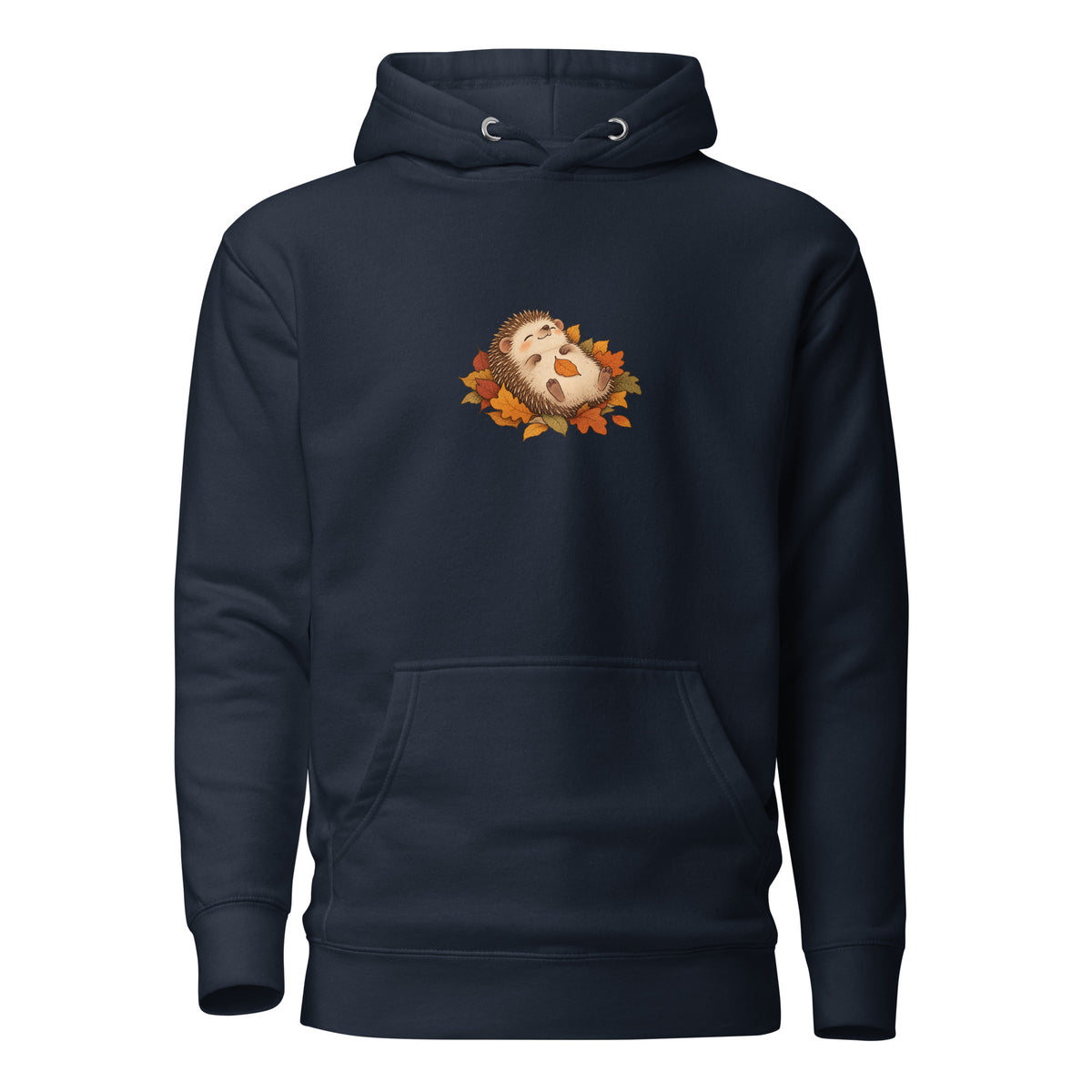 Front view of the hedgehog & autumn leaves unisex hoodie in navy blazer