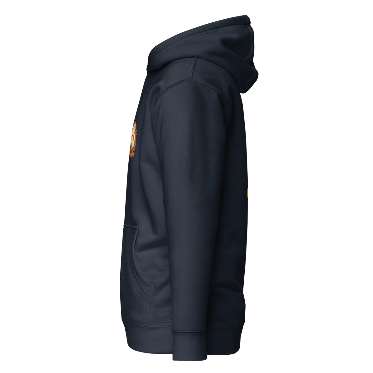 Left-side view of the hedgehog & autumn leaves unisex hoodie in navy blazer