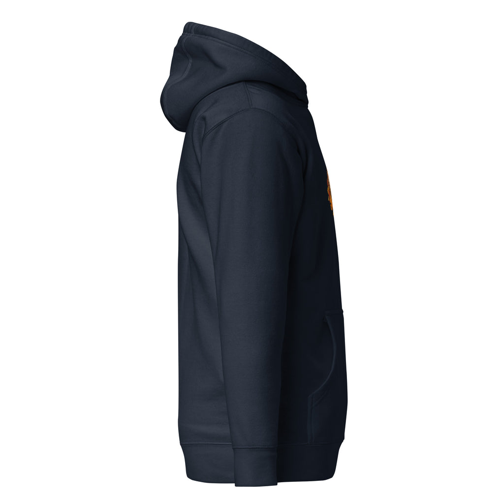 Right-side view of the hedgehog & autumn leaves unisex hoodie in navy blazer