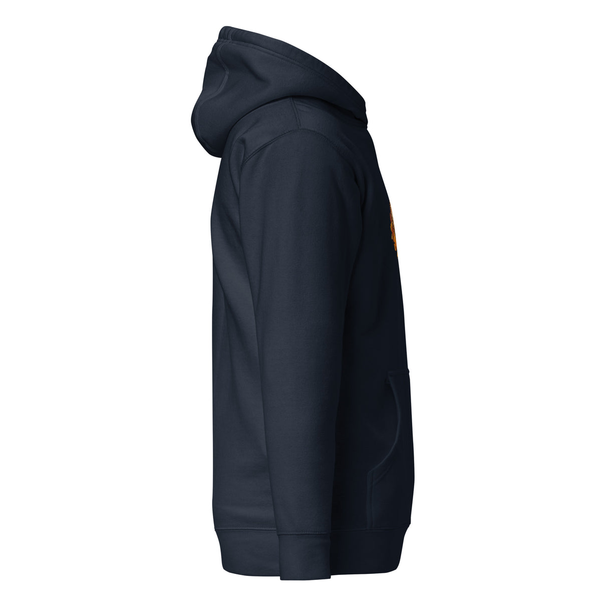 Right-side view of the hedgehog & autumn leaves unisex hoodie in navy blazer