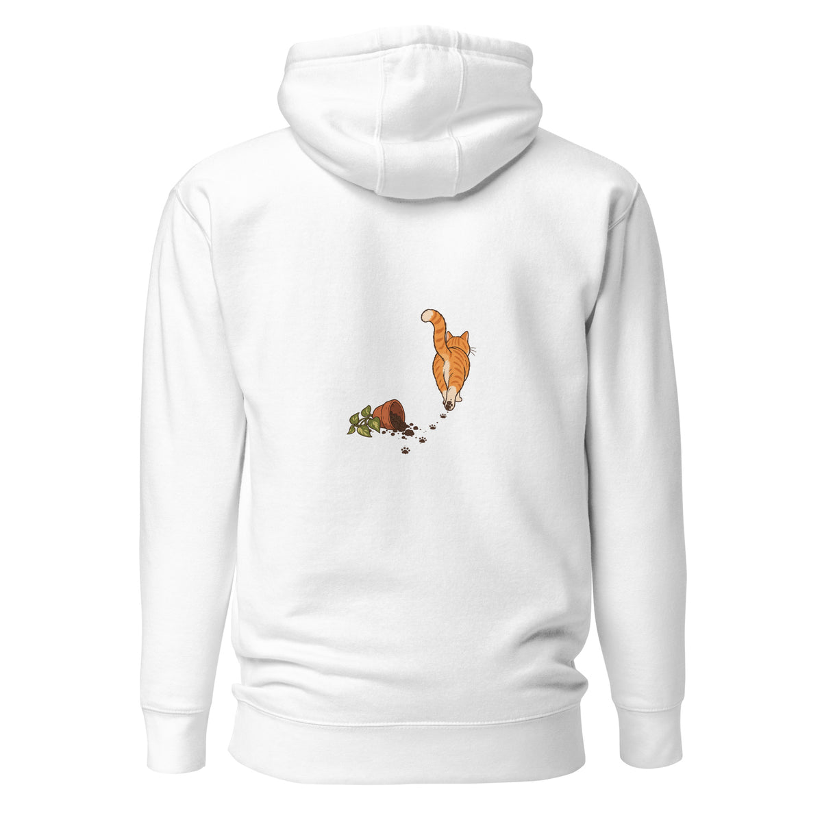 Back view of the orange tabby cat & plant unisex hoodie in white