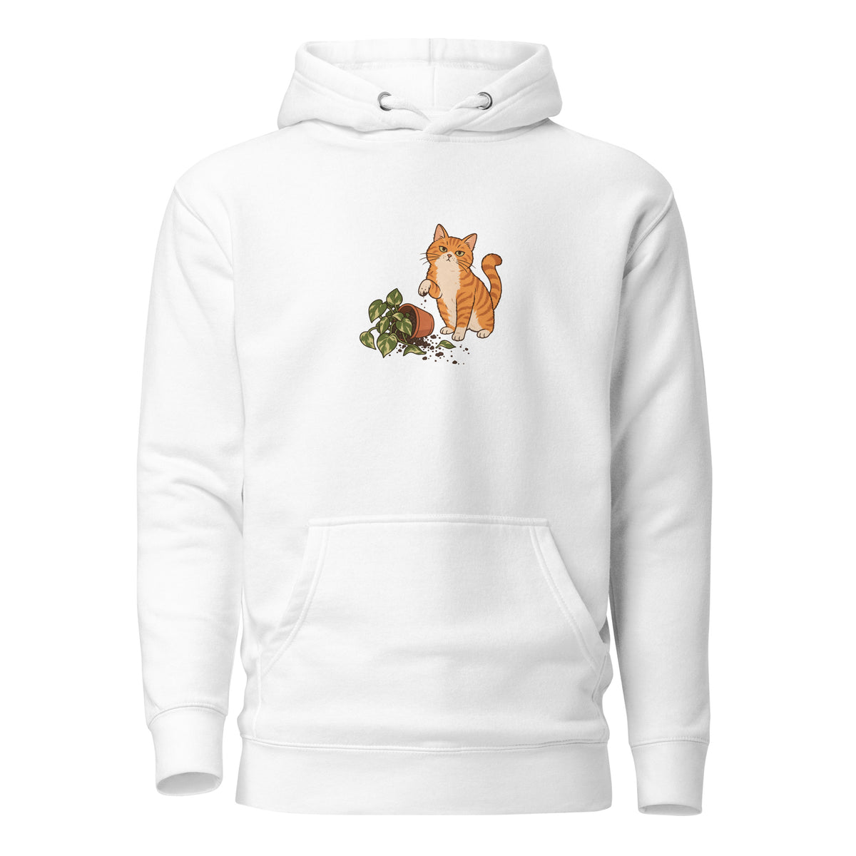 Front view of the orange tabby cat & plant unisex hoodie in white