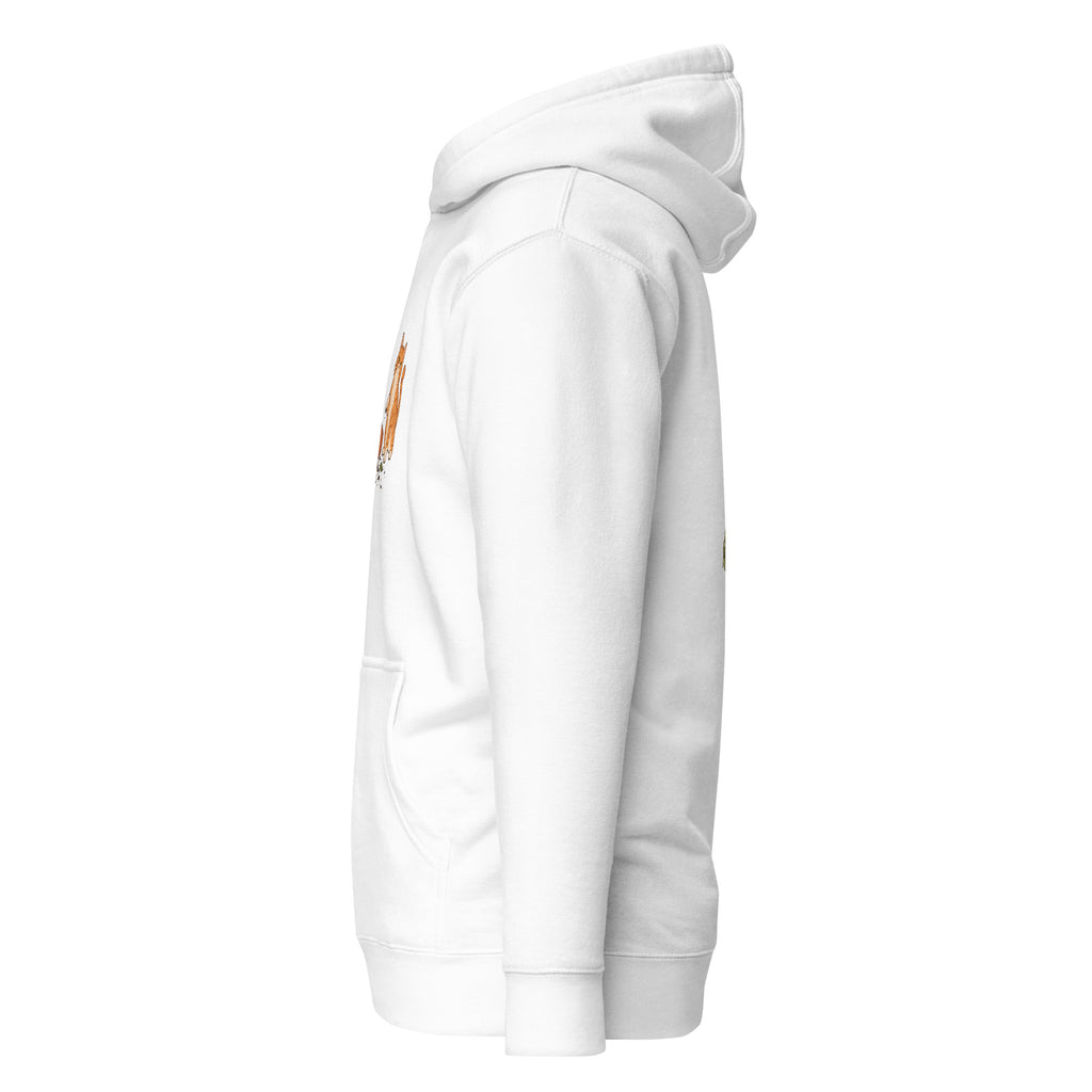 Left-side view of the orange tabby cat & plant unisex hoodie in white