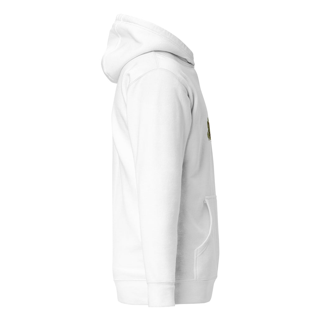Right-side view of the orange tabby cat & plant unisex hoodie in white