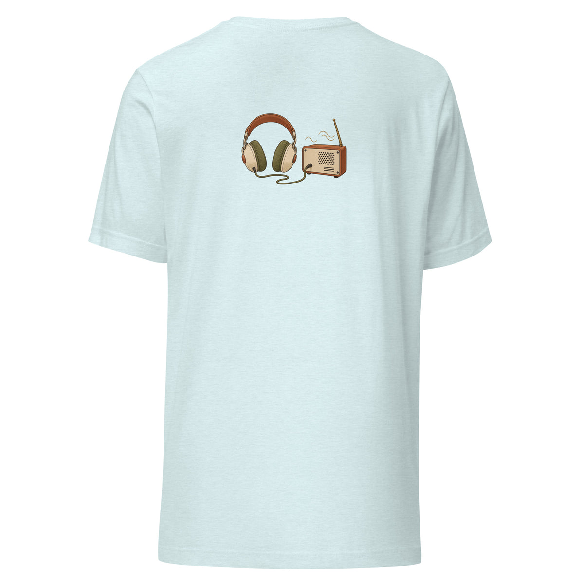 Back view of the headphones & music player graphic t-shirt in heather ice blue