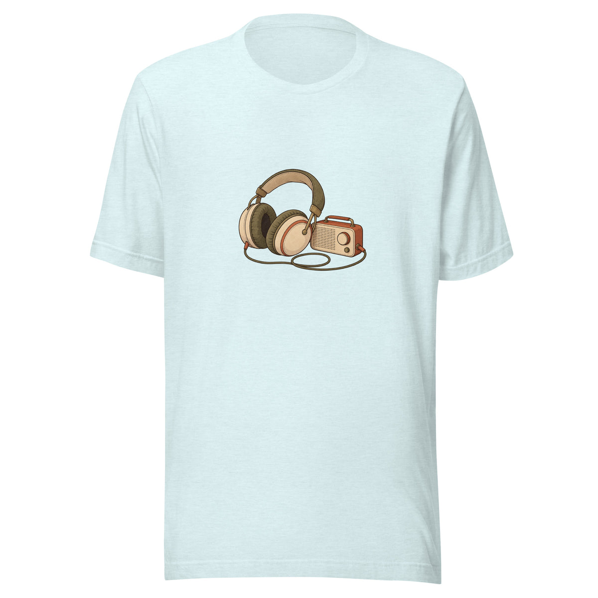 Front view of the headphones & music player graphic t-shirt in heather ice blue