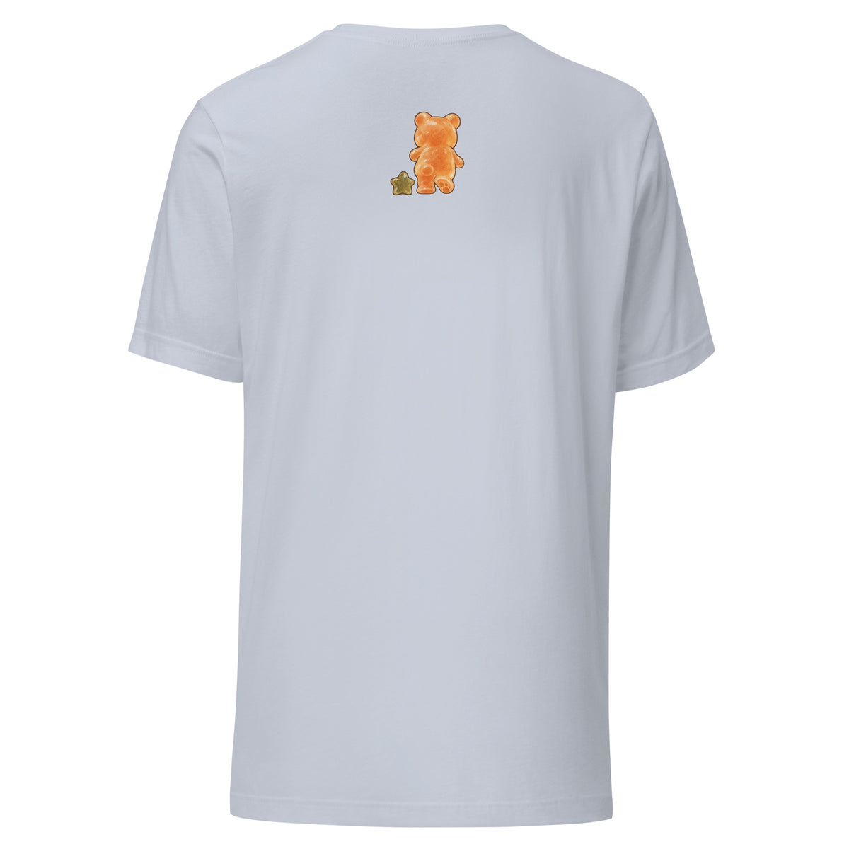 Product mockup of Gummy Bear & Star unisex T-shirt in Light Blue, back view with rear-view bear and star