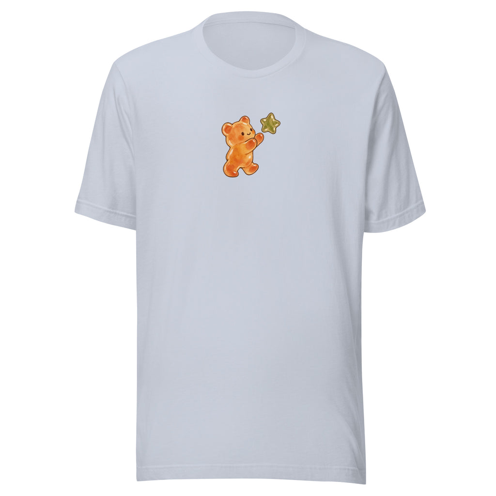 Product mockup of Gummy Bear & Star unisex T-shirt in Light Blue, front view with amber bear reaching for olive star