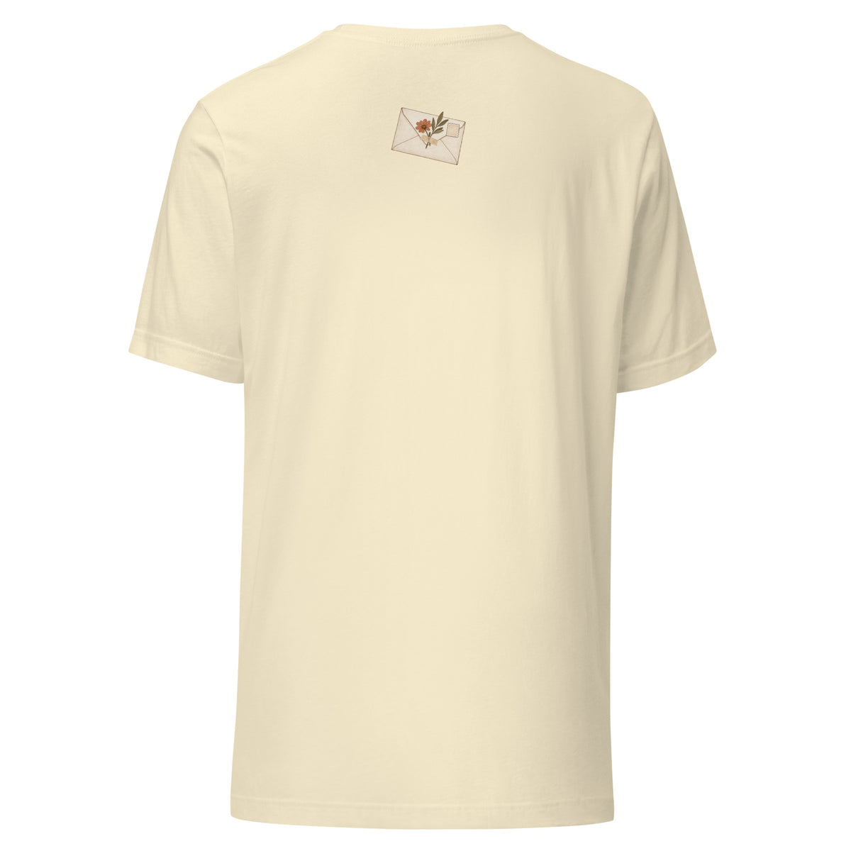 Floral Letter unisex T-shirt in natural back view, vintage botanical envelope print