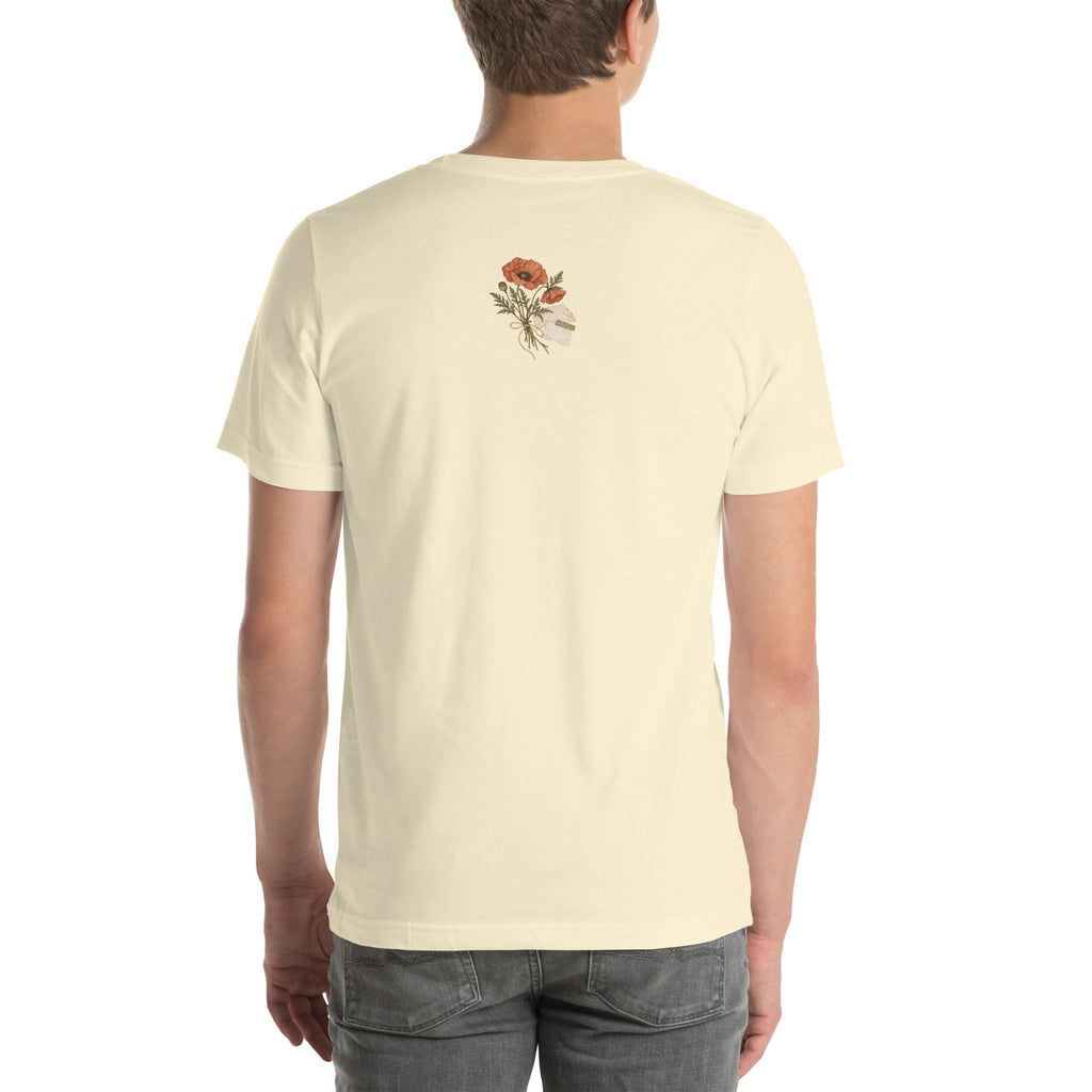 Model wearing Natural botanical graphic t-shirt, back view with small poppy bouquet