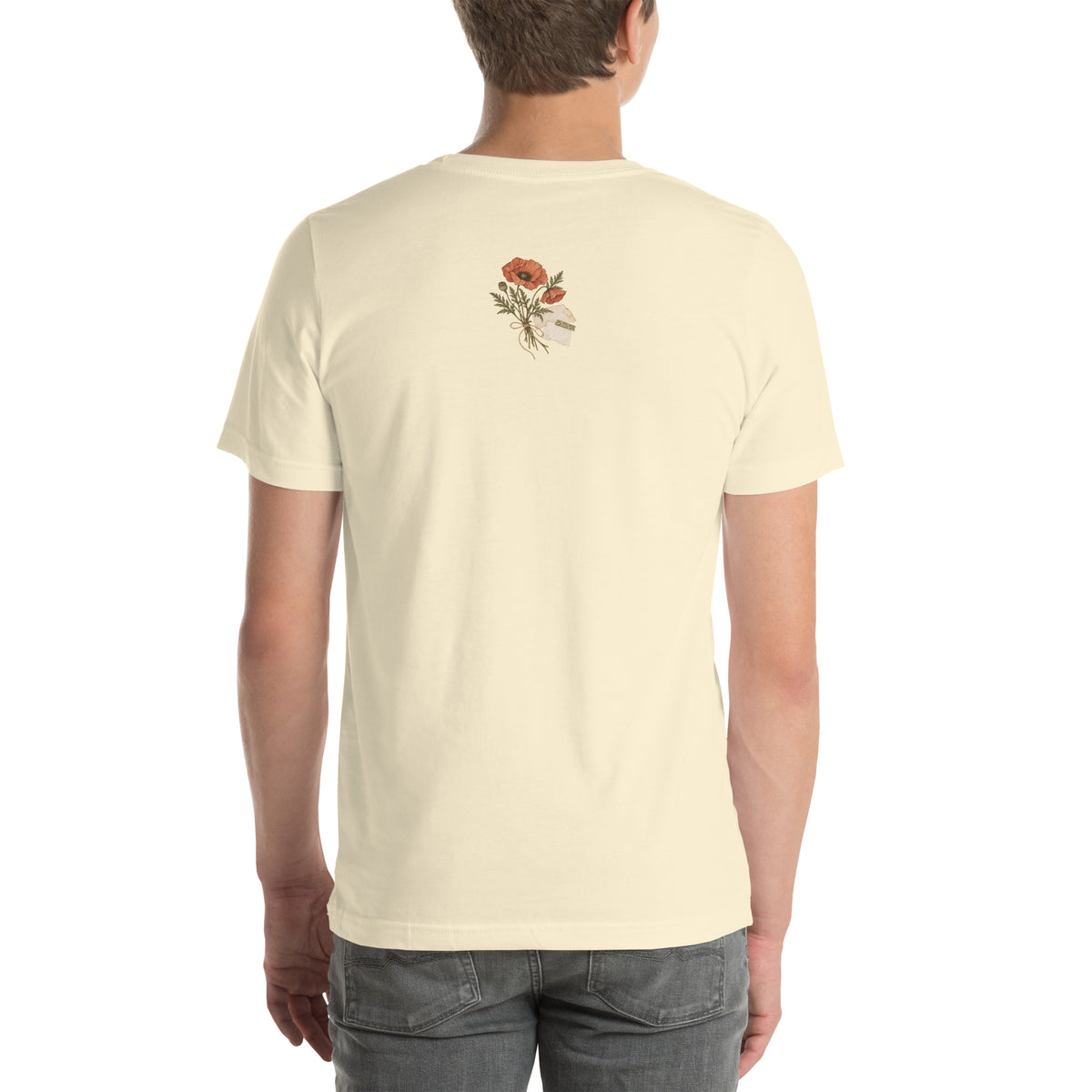 Model wearing Natural botanical graphic t-shirt, back view with small poppy bouquet