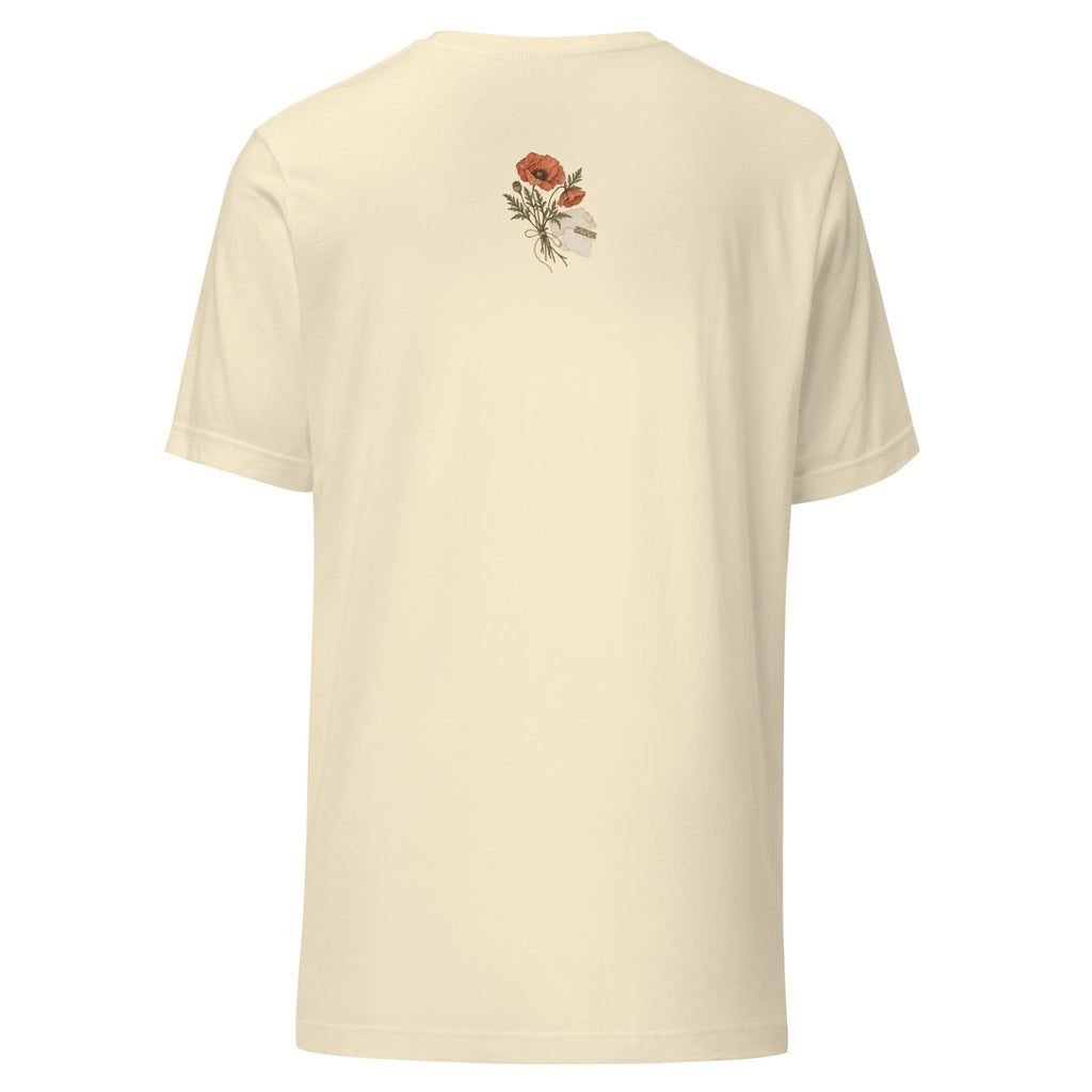 Natural botanical graphic t-shirt, back view with small poppy bouquet and vintage-paper detail