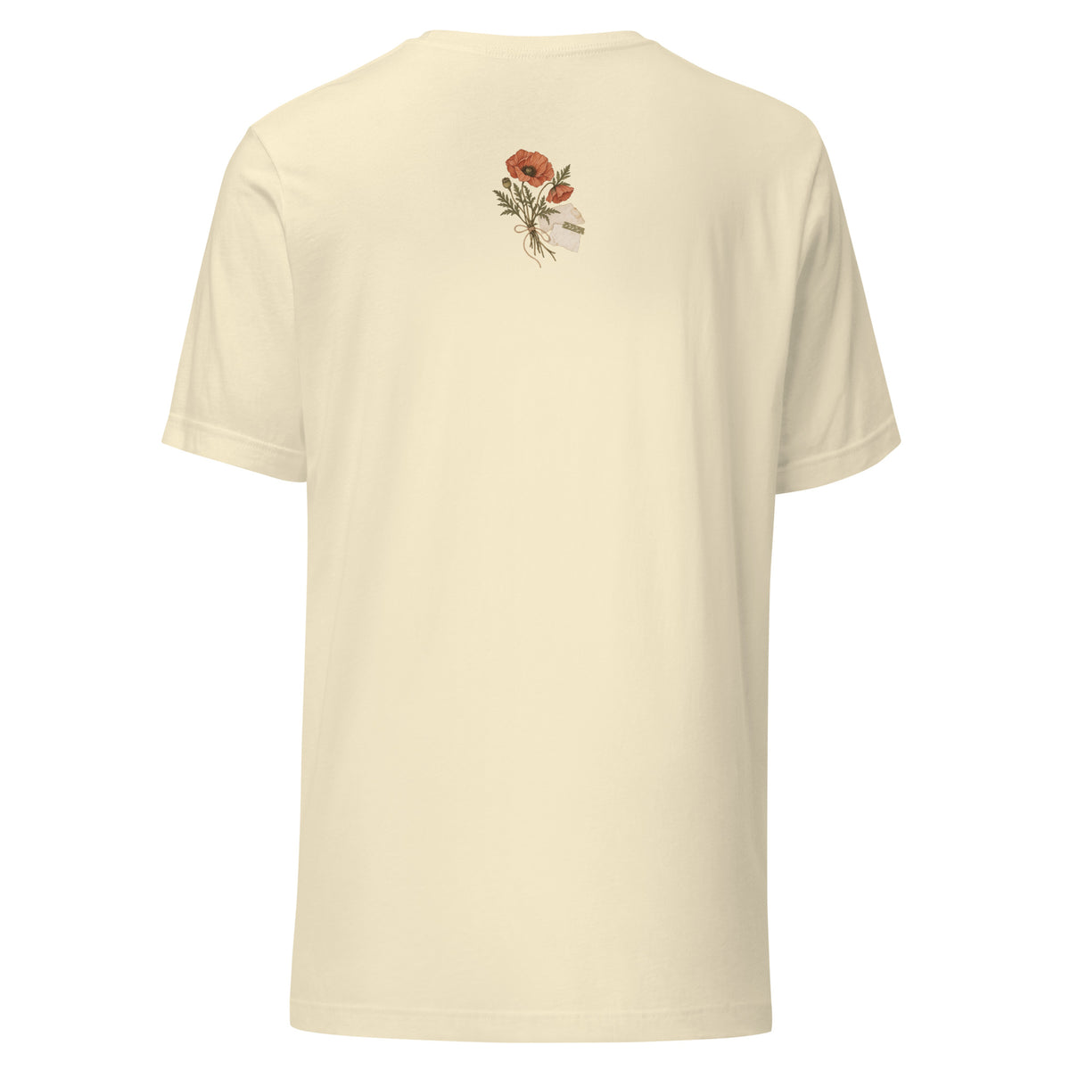 Natural botanical graphic t-shirt, back view with small poppy bouquet and vintage-paper detail