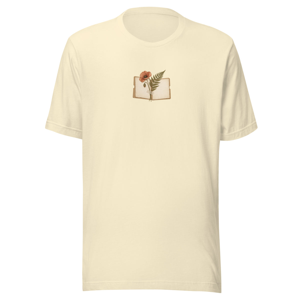 Natural botanical graphic t-shirt, front view with open notebook, fern and poppy illustration