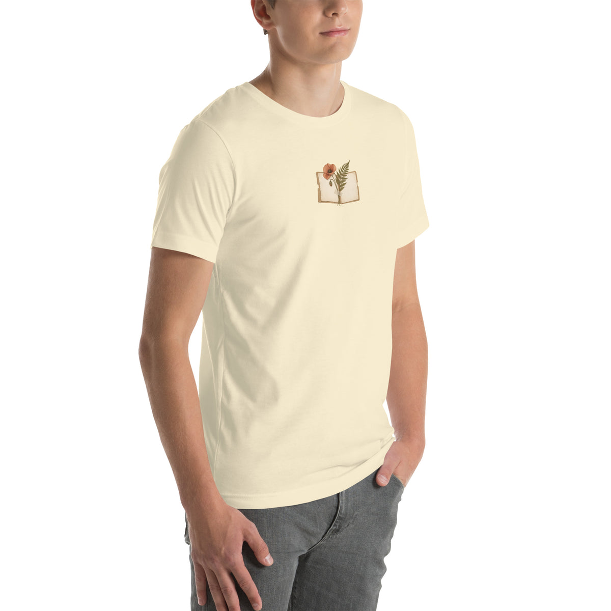 Model wearing Natural botanical notebook and poppy graphic t-shirt, opposite angled front view