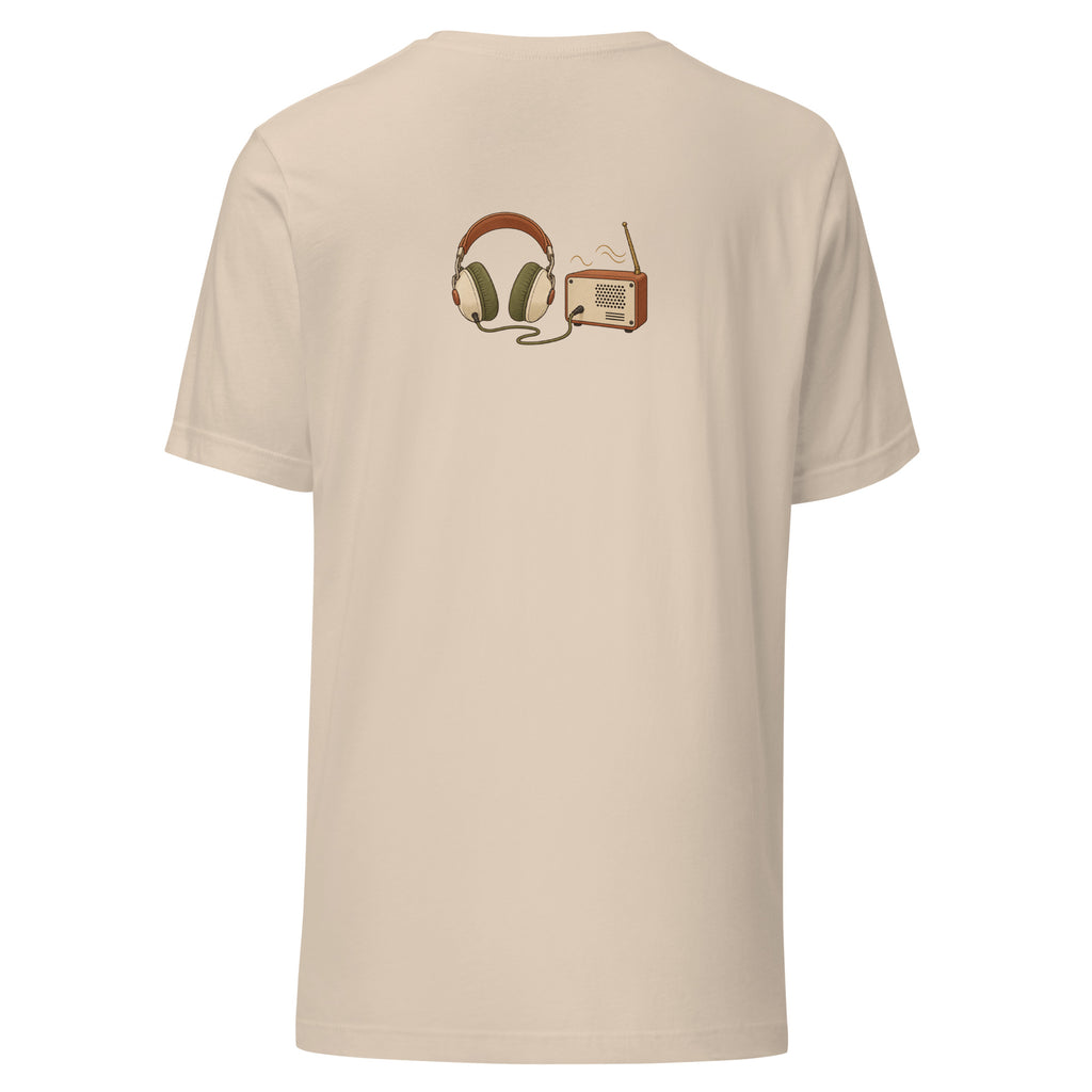 Back view of the headphones & music player graphic t-shirt in soft cream