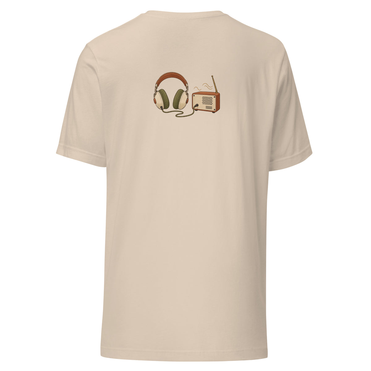 Back view of the headphones & music player graphic t-shirt in soft cream