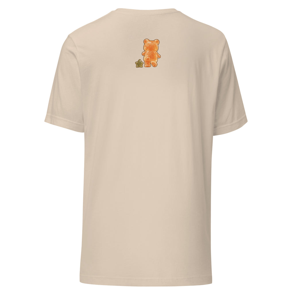 Product mockup of Gummy Bear & Star unisex T-shirt in Soft Cream, back view with rear-view bear and star