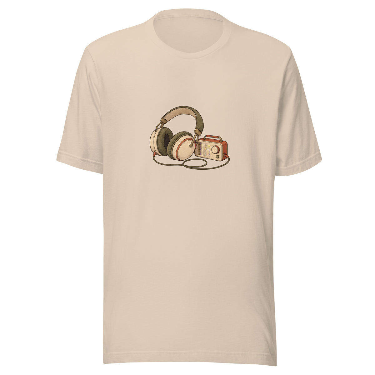 Front view of the headphones & music player graphic t-shirt in soft cream
