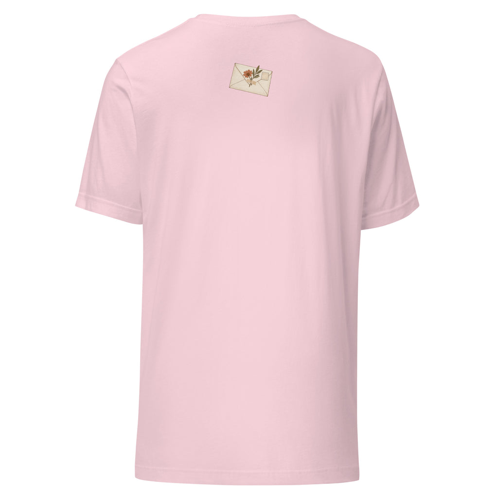 Floral Letter unisex T-shirt in soft pink back view, vintage botanical envelope print