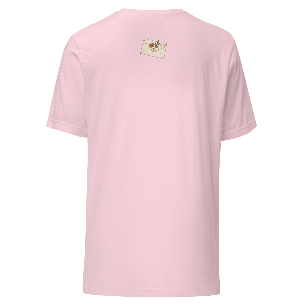 Floral Letter unisex T-shirt in soft pink back view, vintage botanical envelope print