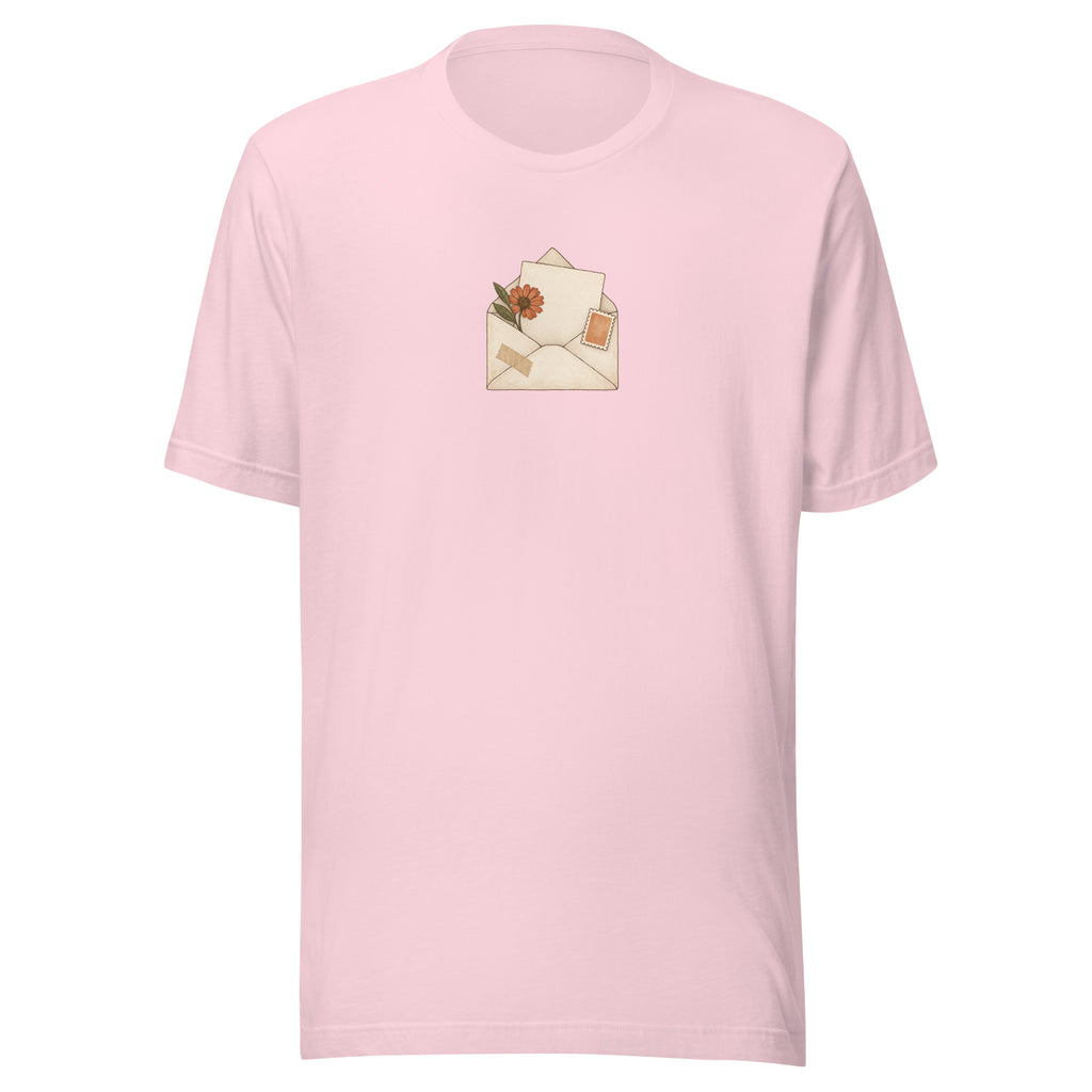Floral Letter unisex T-shirt in soft pink front view, vintage botanical envelope print