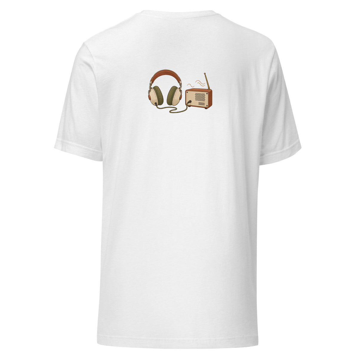 Back view of the headphones & music player graphic t-shirt in solid white blend