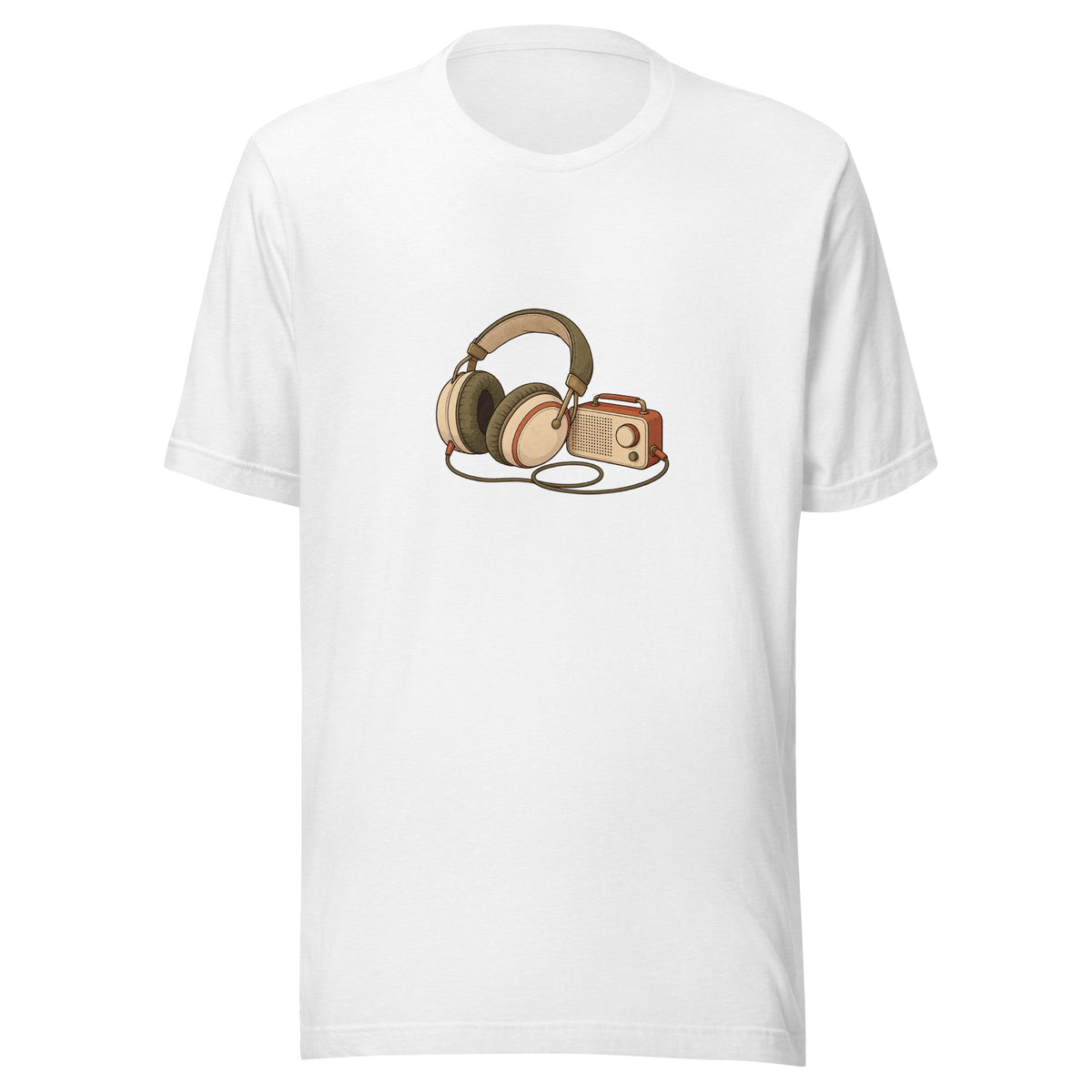 Front view of the headphones & music player graphic t-shirt in solid white blend
