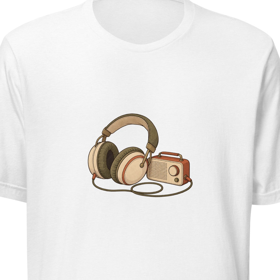 Close-up of the original Headphones & Music Player Graphic T-Shirt front; artwork and garment proportions unchanged. See following photos for full garment and fit.