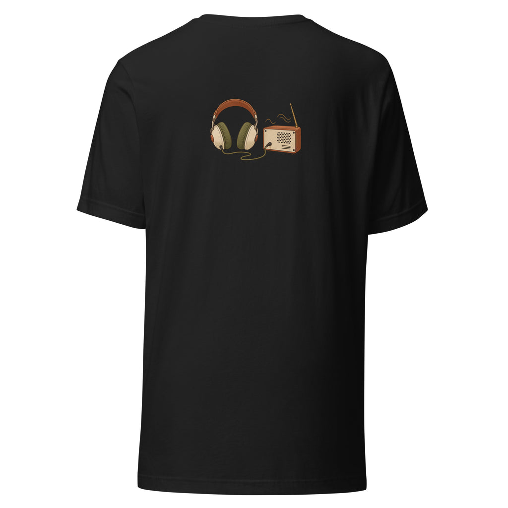 Back view of the headphones & music player graphic t-shirt in vintage black