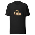 Vintage black T-shirt with headphones and music player illustration