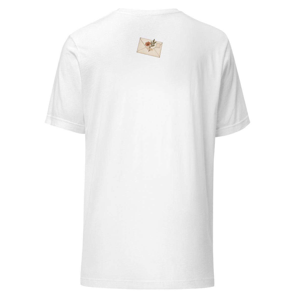 Floral Letter unisex T-shirt in white back view, vintage botanical envelope print