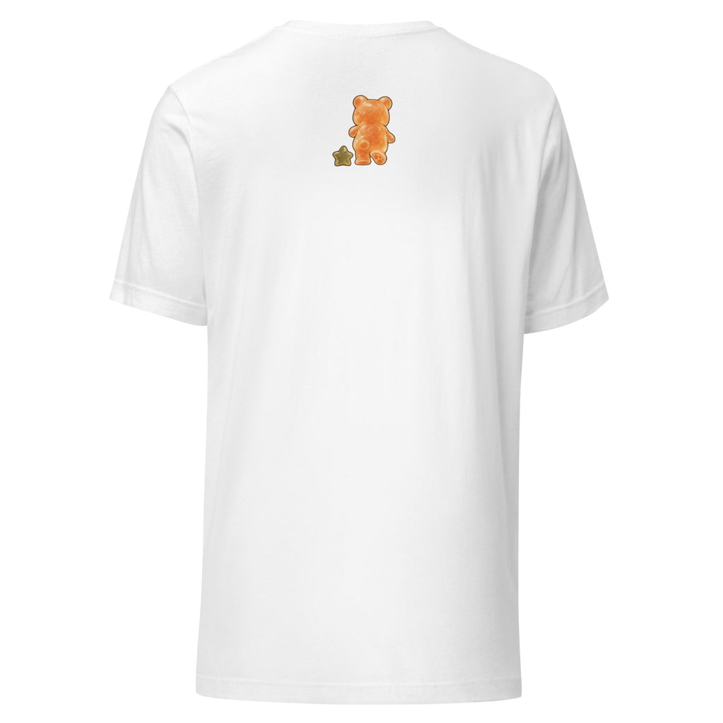 Product mockup of Gummy Bear & Star unisex T-shirt in White, back view with rear-view bear and star