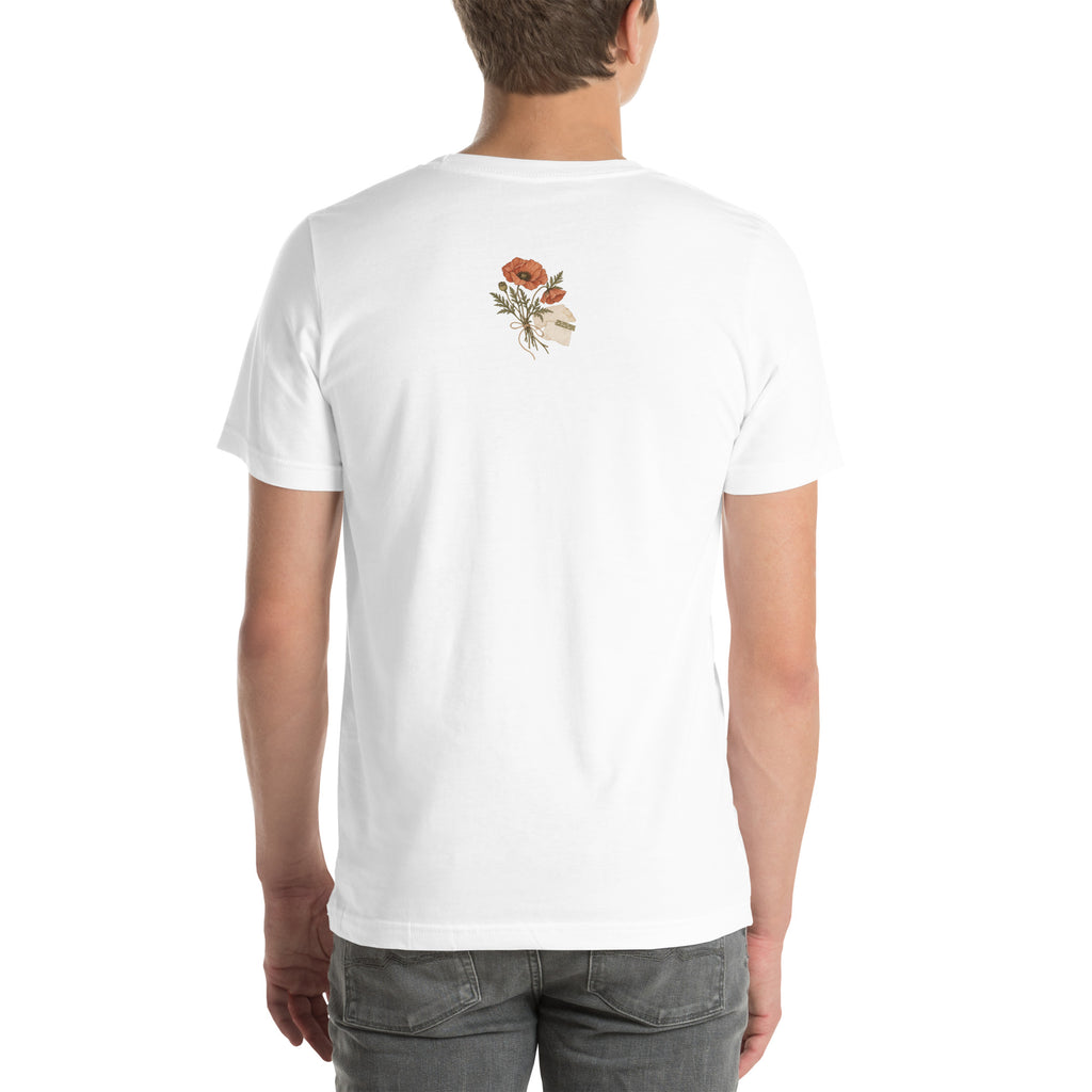 Model wearing White botanical graphic t-shirt, back view with small poppy bouquet