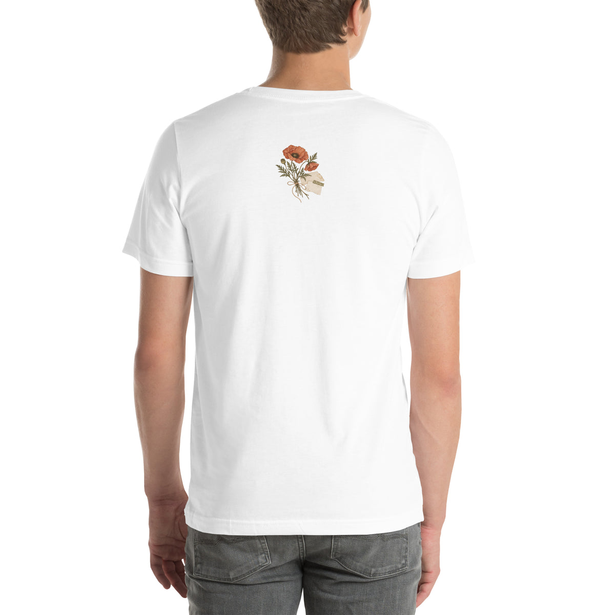 Model wearing White botanical graphic t-shirt, back view with small poppy bouquet