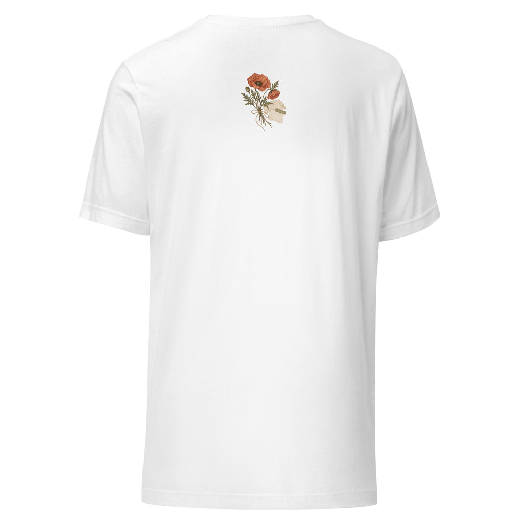 White botanical graphic t-shirt, back view with small poppy bouquet and vintage-paper detail