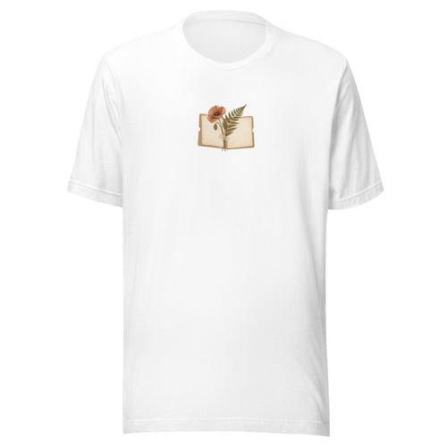 White botanical graphic t-shirt, front view with open notebook, fern and poppy illustration
