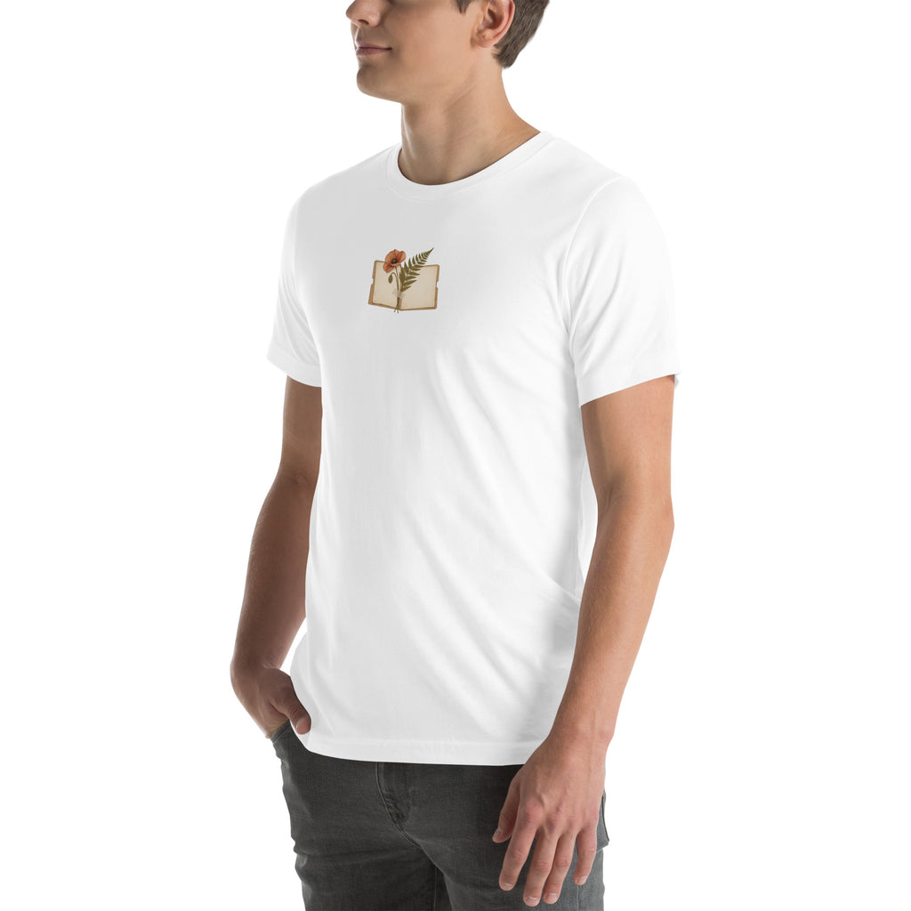 Model wearing White botanical notebook and poppy graphic t-shirt, angled front view