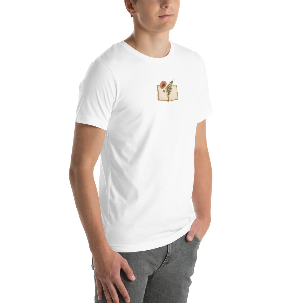 Model wearing White botanical notebook and poppy graphic t-shirt, opposite angled front view